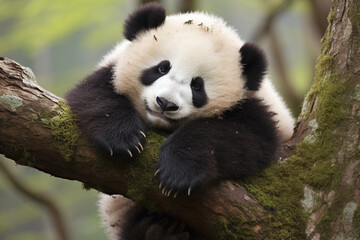 Obraz premium Panda Bear Sleeping on a Tree Branch China. generative ai