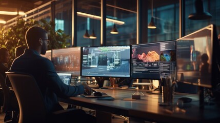 A scene showcasing a team of software developers coding, collaborating, and testing applications in a modern development environment