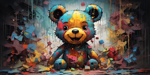 AI Generated. AI Generative. Cute little cartoon bear kid. Drawing painting watercolor oil brush graffiti ink bright colors background. Graphic Art