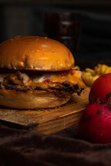 hamburger on a wooden board