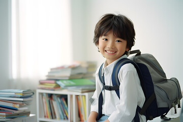 happy kindergarten student with his backpack and books