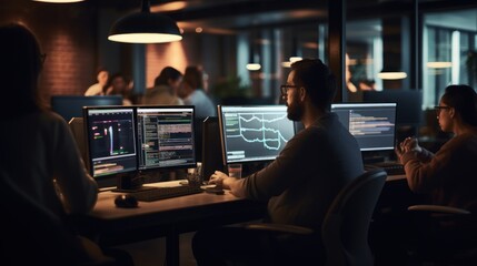 A scene showcasing a team of software developers coding, collaborating, and testing applications in a modern development environment
