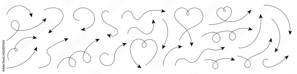 Poster thin curved dotted arrow. zigzag arrow stripes design with dotted lines. thin arrows. vector illustr