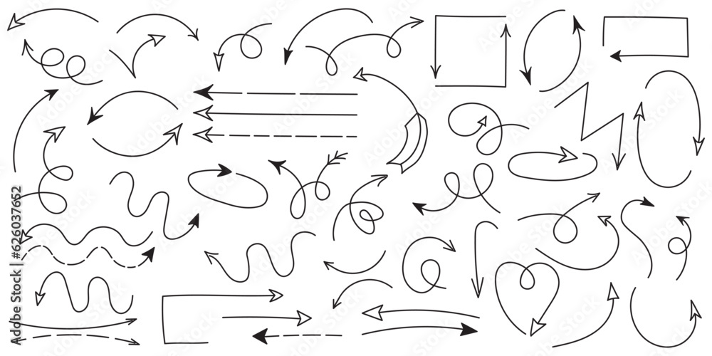 Poster curved arrows. set of hand drawn arrows. collection of pointers. vector illustration.