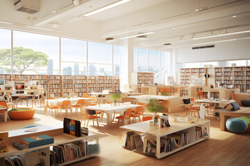 the atmosphere of a lively school library Include bookshelf - obrazy, fototapety, plakaty