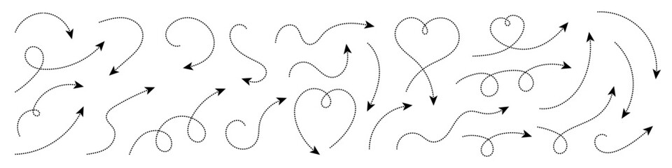 Thin curved dotted arrow. Zigzag arrow stripes design with dotted lines. Thin arrows. Vector illustration.