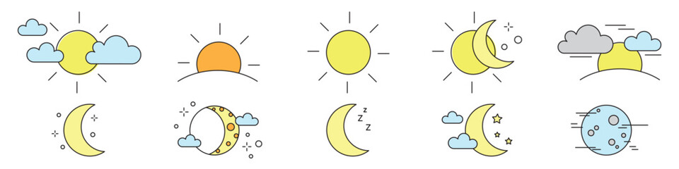Collection of rising or setting sun, moon phases, clouds and stars icons. Bundle of day and night time pictograms drawn with black contour lines on white background.