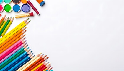 flat lay of school essentials and color pencils in white background