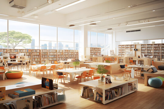 the atmosphere of a lively school library Include bookshelf