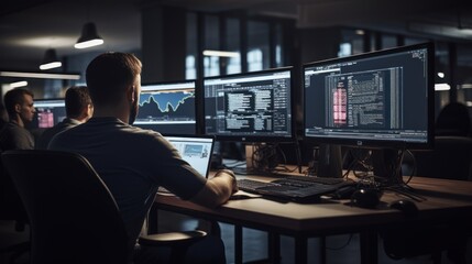 A scene showcasing a team of software developers coding, collaborating, and testing applications in a modern development environment