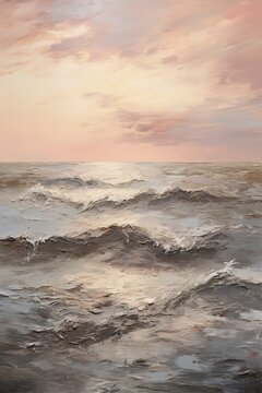 Waves of Tranquility: A Painting of Serene Waters with Black, Brown, White, and Pink Hues. Created with generative AI tools