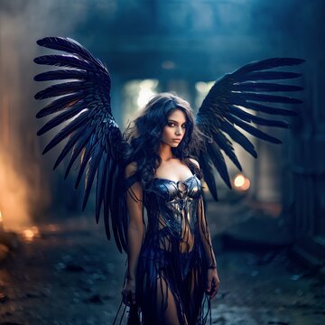 a beautiful dark fallen angel standing on a battlefield with smoke and fire in the background