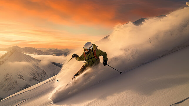 Skiier riding fast freestyle in the snow. Generative AI