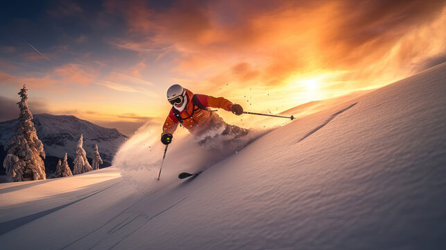 Skier on the slope at sunset. Generative AI