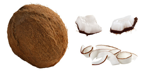 composição com coco inteiro, pedaços de coco e raspas de coco isolado em fundo transparente