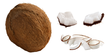 composição com coco inteiro, pedaços de coco e raspas de coco isolado em fundo transparente