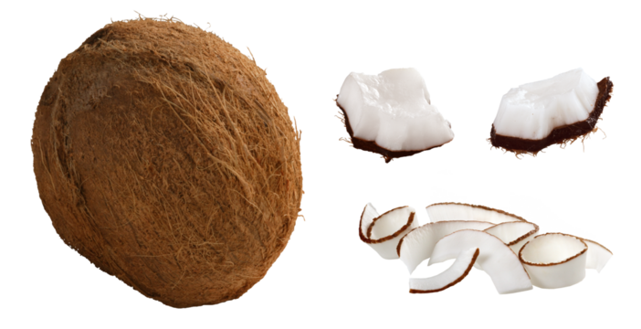 composição com coco inteiro, pedaços de coco e raspas de coco isolado em fundo transparente