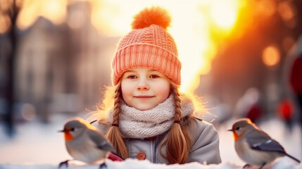 Pretty small girl in winter clothes near two birds on winter city landscape background. Hello winter. Winter vacations or winter outdoor recreation. Copy space