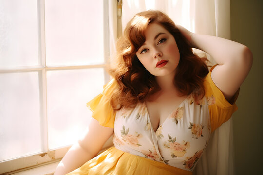 A chubby model inspired pose in vintage dress