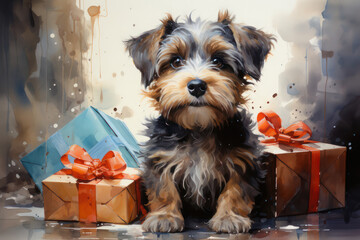 Watercolor dog with gifts, postcard. AI generative.
