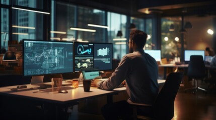 A scene showcasing a team of software developers coding, collaborating, and testing applications in a modern development environment