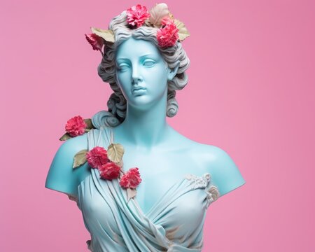 Fashionably decorated Ancient Greek female statue, elegant marble bust, pastel colors pink and blue. Pink background with copy space
