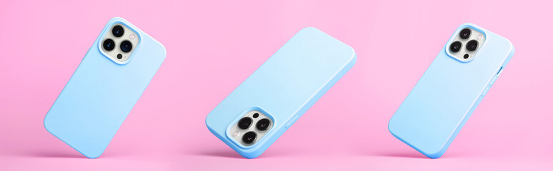 set of three iPhone 15 pro in blue silicone case falling down in different angles, back view...