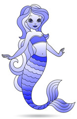 Naklejka premium Illustration in stained glass style with a cute cartoon mermaid girl, figure isolated on a white background, tone blue
