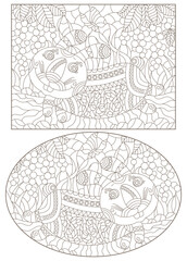 A set of contour illustrations in the style of stained glass with abstract cartoon rabbits on a background of berries, dark contours on a white background