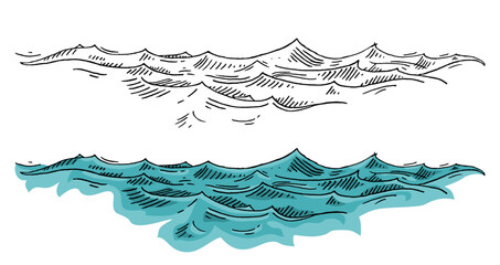 Sea waves. Vintage vector engraving color illustration. Isolated on white