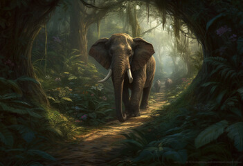 an elephant walking through a path surrounded by large plants