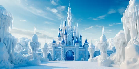 Foto op Plexiglas Fantasie landschap Magic Castle in a winter wonderland. Fantasy snowy landscape. Winter castle on the mountain, winter forest.