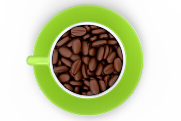 Ceramic coffee cup with coffee beans for americano, espresso, latte on white