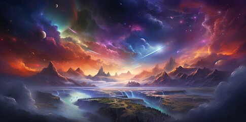 Fantasy Landscape with abstract Sky with lot of Galaxies. 