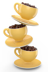 Ceramic coffee cup with coffee beans for americano, espresso, latte on white