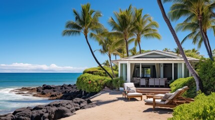 Fototapeta premium Beachfront villa with a private cabana and direct access to the white sands of Wailea Beach in Maui, Hawaii