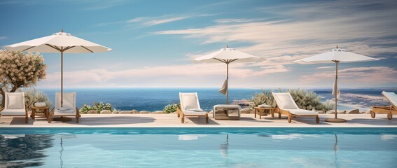 Fototapeta premium SPA with some Beach Loungers and some Palms near the Ocean and the Pool creating an Exotic Mixed View.