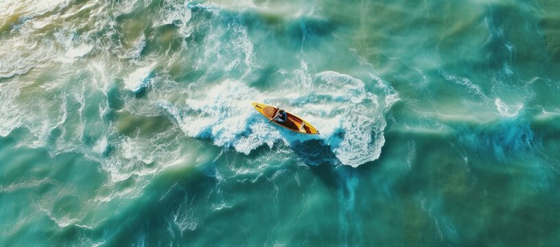 Aerial Shot of a Canoe Swimming in the Ocean.