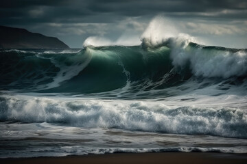 Naklejka premium Giant tsunami waves, dark stormy sky. Perfect Storm. Huge waves Tsunami Big waves.