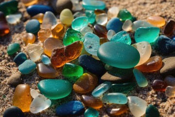 Colorful gemstones on a beach. Polish textured sea glass and stones on the seashore. Green, blue shiny glass with multi-colored sea pebbles close-up. Beach summer background. 