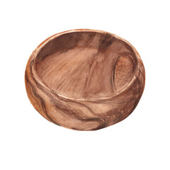 Empty wooden bowl from side view isolated on a white background. For displaying your food, products or decoration compositions. Watercolor illustration.