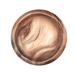 Empty wooden bowl from top view isolated on a white background. For displaying your food, products or decoration compositions. Watercolor illustration.