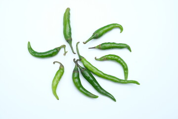 Fresh Green chili pepper isolated on a white background , top view