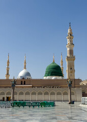 The mosque was founded by Prophet Muhammad. The famous green and silver domes of the Prophet's Mosque. Masjid an-Nabawi.