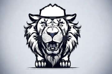 Divertido leon con sombrero mostrando sus enormes dientes - obrazy, fototapety, plakaty