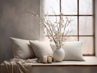 Modern & Luxury Interior Design of a Light Color Living Room. Sofa with Pillows and a Wooden Shrub.