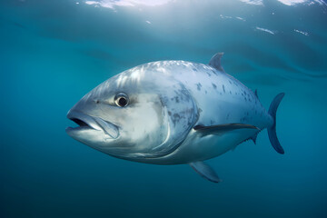 Fototapeta premium Giant Trevally - Found in the Indian and Pacific Oceans, are commonly used in Asian cuisine and have a firm, meaty texture (Generative AI)
