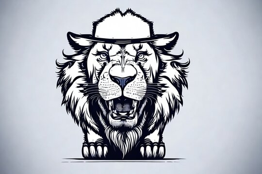 Divertido leon con sombrero mostrando sus enormes dientes