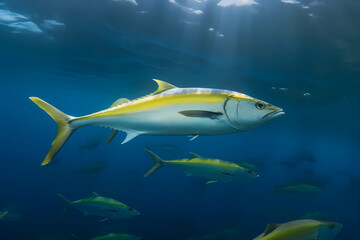 Fototapeta premium Yellowtail - Found in the Pacific and Indian Oceans, are commonly used in sushi and sashimi and have a buttery texture (Generative AI)
