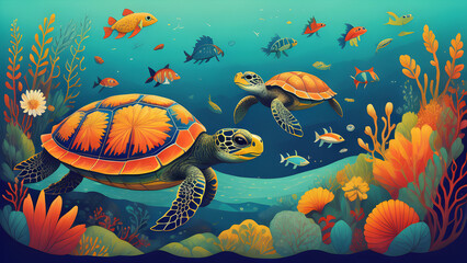 Fototapeta na wymiar turtles under the sea